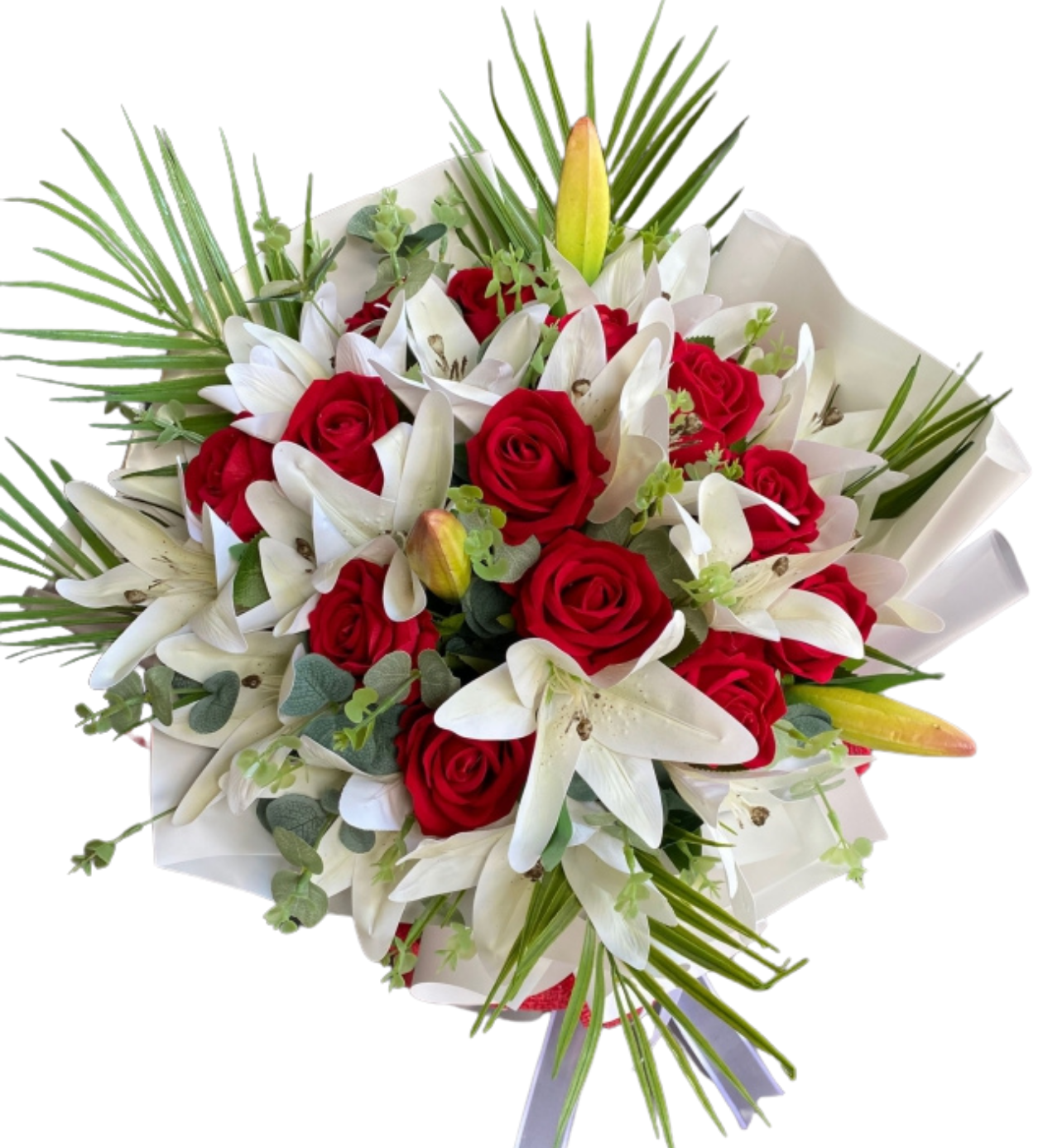 Aşkın Işıltısı – 13’lü Kadife Kırmızı Gül ve Lilyum Yapay Buket | Floksia Flowers