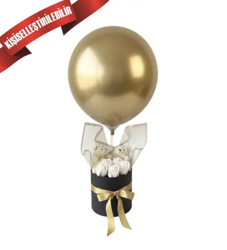 Lüks Gold Balonlu Ayıcık ve Beyaz Gül Aranjmanı