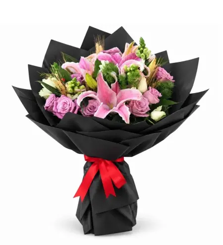 Pembe Lilyum Lila Buketi